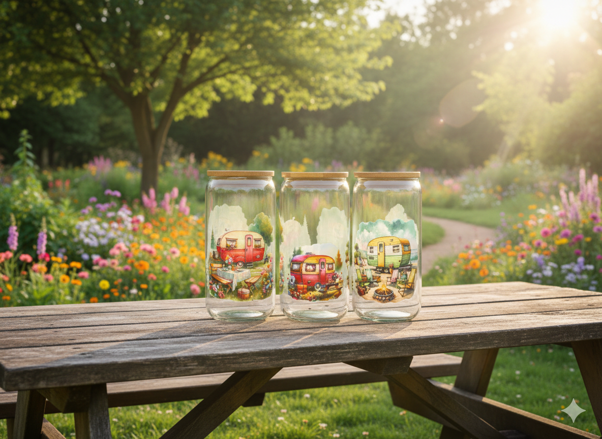 Trinkglas Camping 550ml mit Bambusdeckel und Trinkhalm UV-DTF Motiv von fks-design