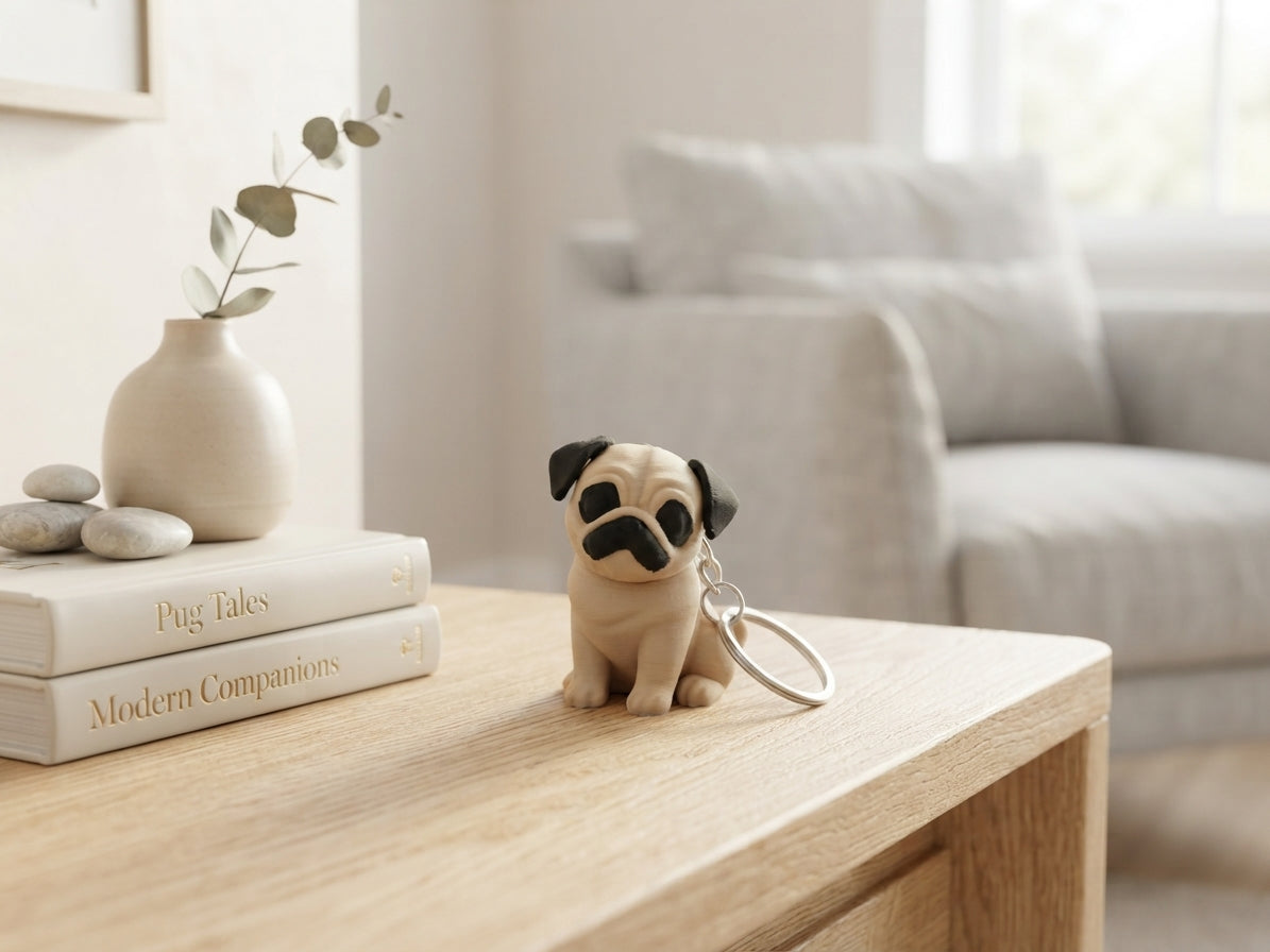 3D-gedruckter Mops Schlüsselanhänger aus PLA – sitzende Mops-Figur mit Metallring, Lifestyle-Ansicht, von fks-design