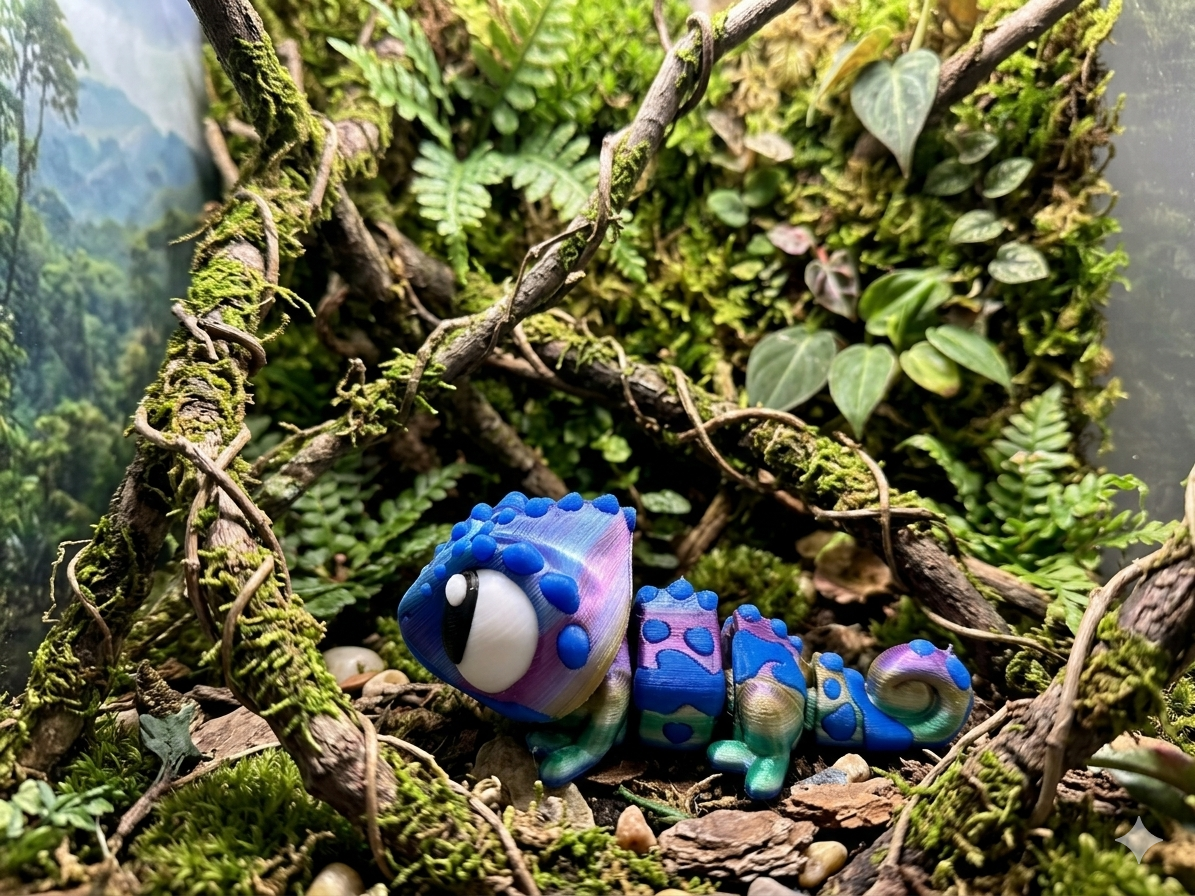 Mini Flexi-Chamäleon fks1/35 in der Hand – kompaktes Fidget Toy aus PLA mit Regenbogen-Farbverlauf von fks-design