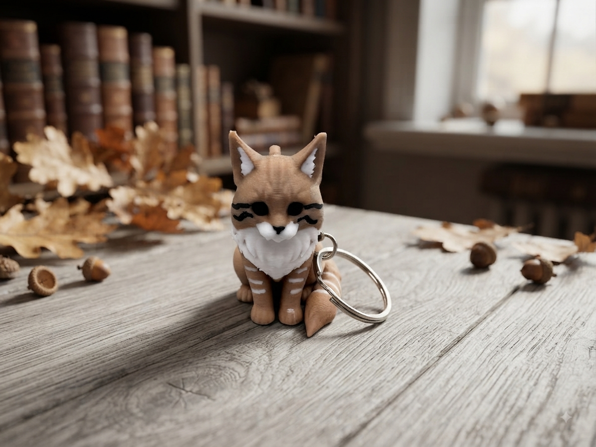 3D Druck Schlüsselanhänger Maine Coon Katze braun-weiß aus PLA mit Metallring – Frontansicht von fks-design