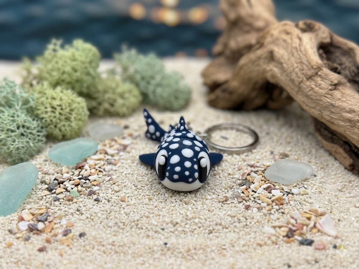 Flexi Walhai Schlüsselanhänger Detailansicht – 3D-gedrucktes Meerestier als Taucher Geschenk von fks-design