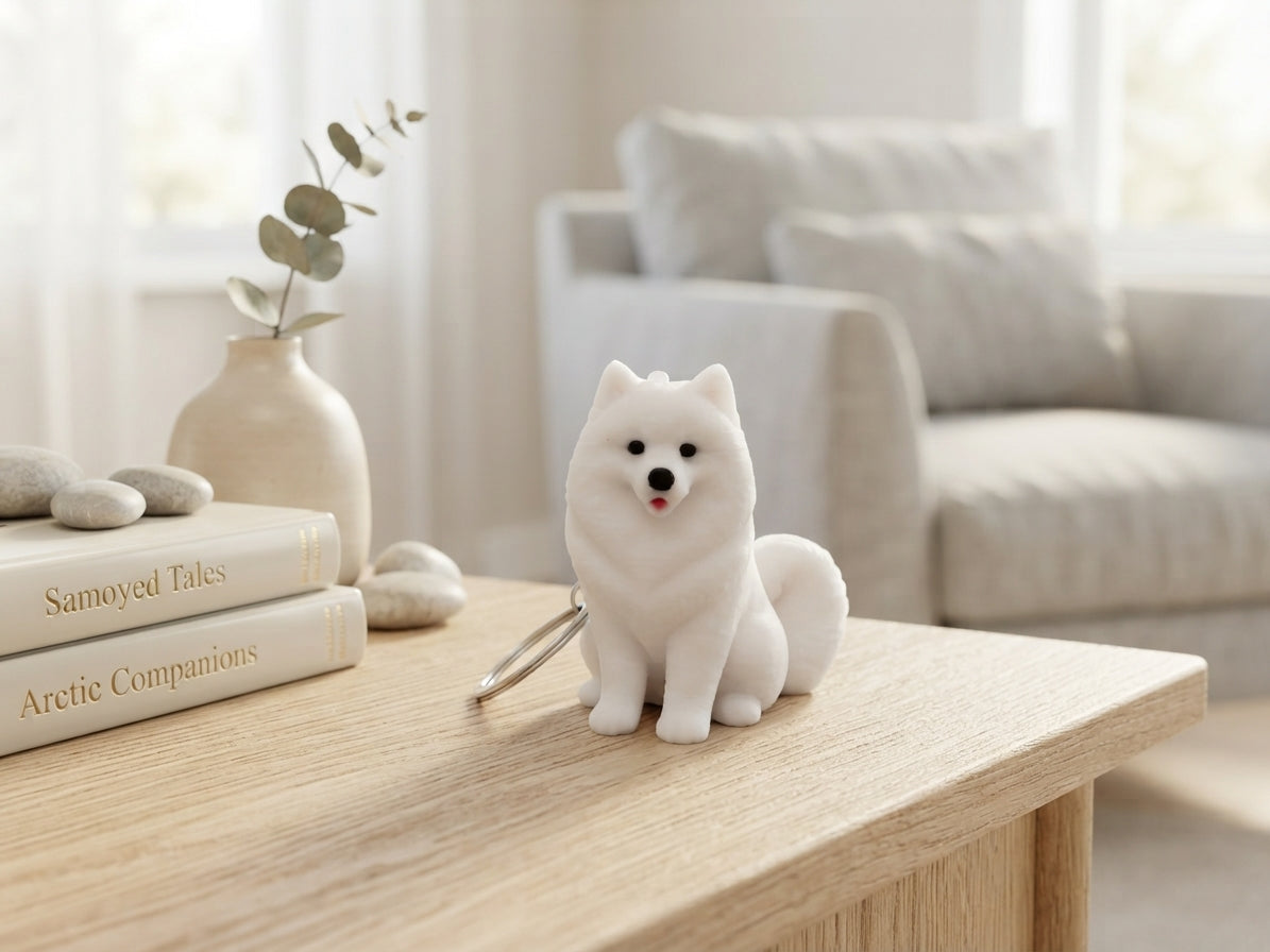 3D-gedruckter Samojede Schlüsselanhänger aus PLA – detailgetreue weiße Hundefigur mit Metallring, Lifestyle-Ansicht, von fks-design
