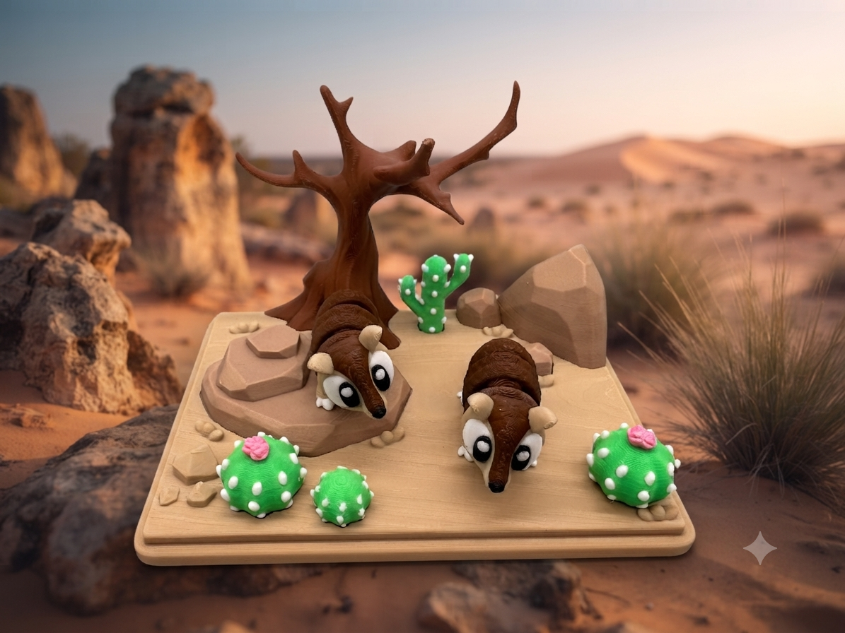 Flexi Gürteltier Steppen Set aus 3D-Druck mit Kakteen und kahlem Baum auf Sandplatte, Wüstenkulisse – handgefertigtes Miniatur Spielset von fks-design