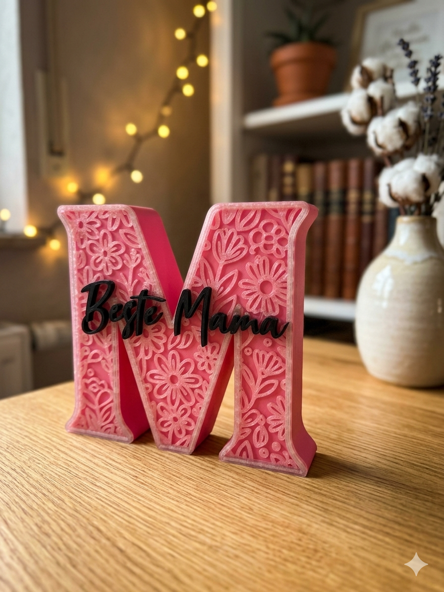 3D-Druck Aufsteller Buchstabe M Beste Mama – Detailansicht schwarzer Schriftzug und Blumenrelief von fks-design