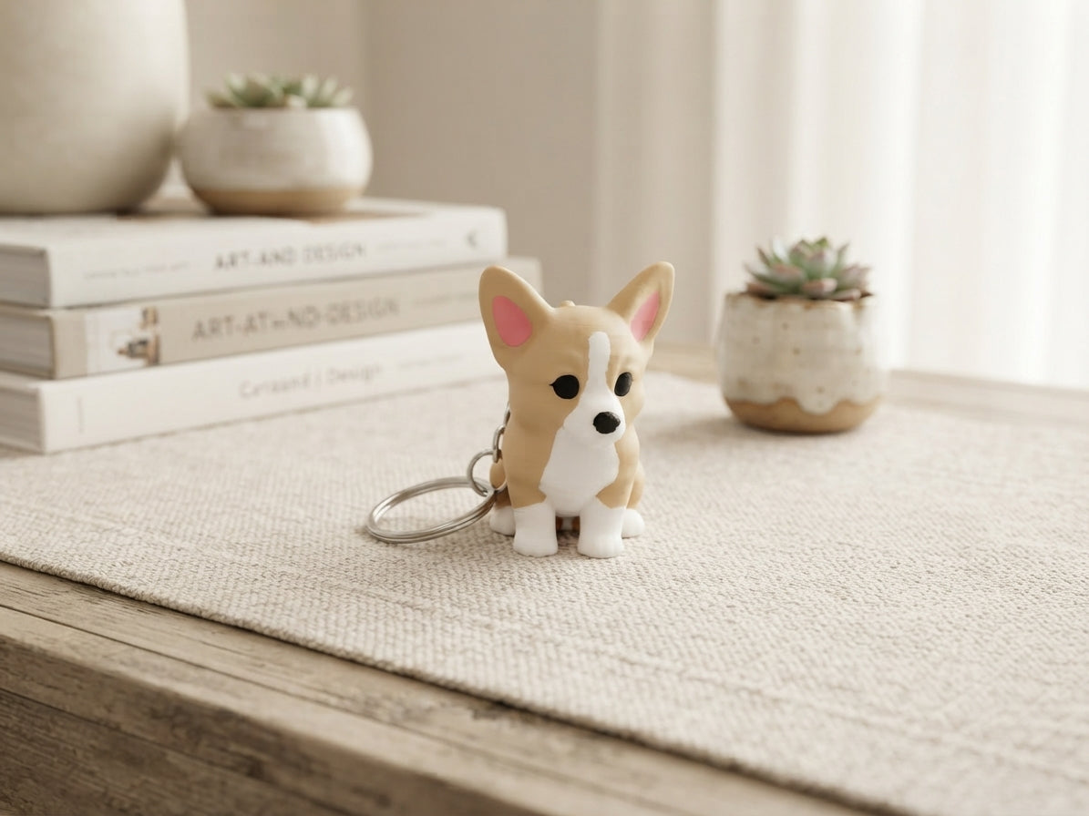 3D-gedruckter Corgi Anhänger aus PLA, sitzend, ca. 5 cm, mit stabilem Metallschlüsselring – von fks-design