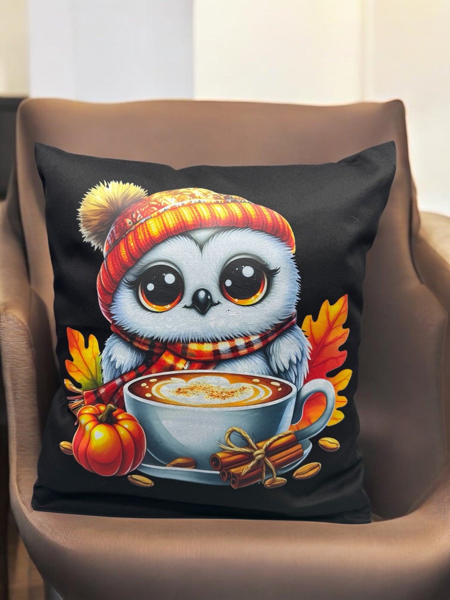 Kissenhülle Herbst Eule Coffee 40x40 cm von fks-design - DTF Druck gemütliche Herbst-Deko mit Kaffee-Motiv