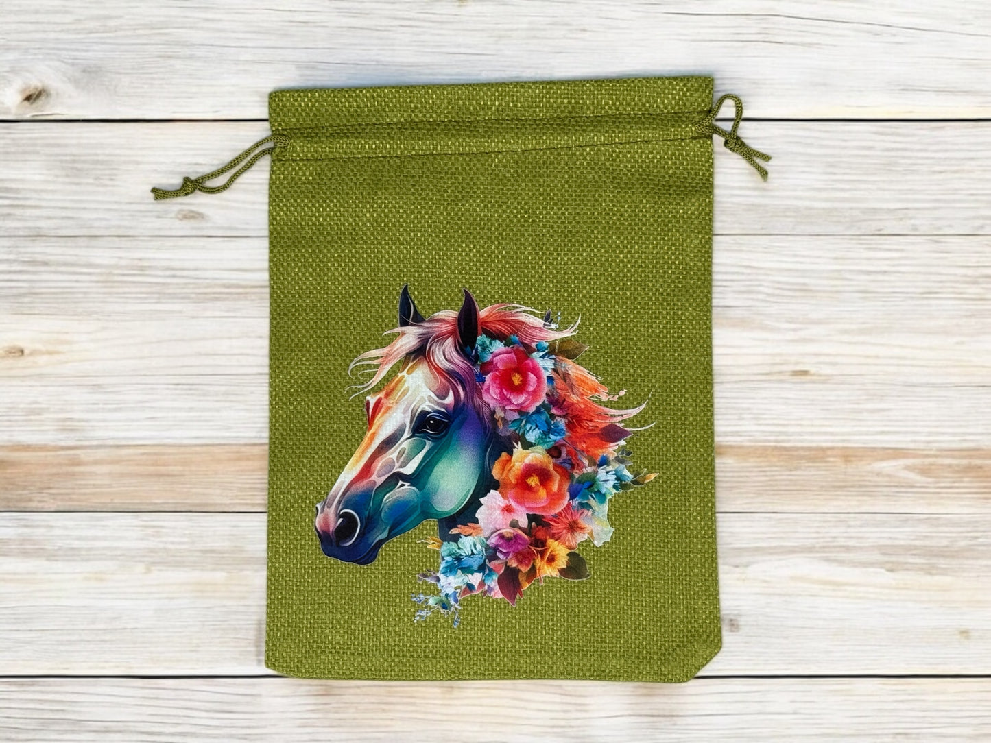 Jutebeutel " Blumiges Pferd " mit Kordelzug! 17 x 22 cm!
