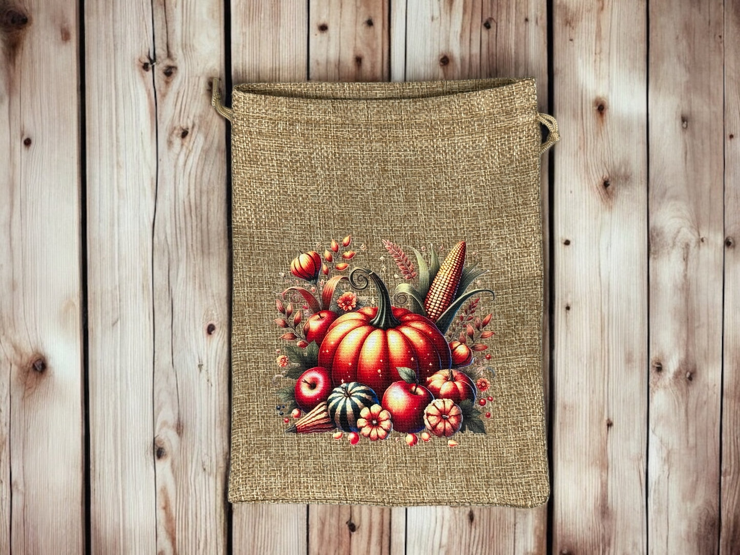 Jute Imitat Beutel " Herbst Idylle " mit Kordelzug! 14,5 x 19,5 cm!