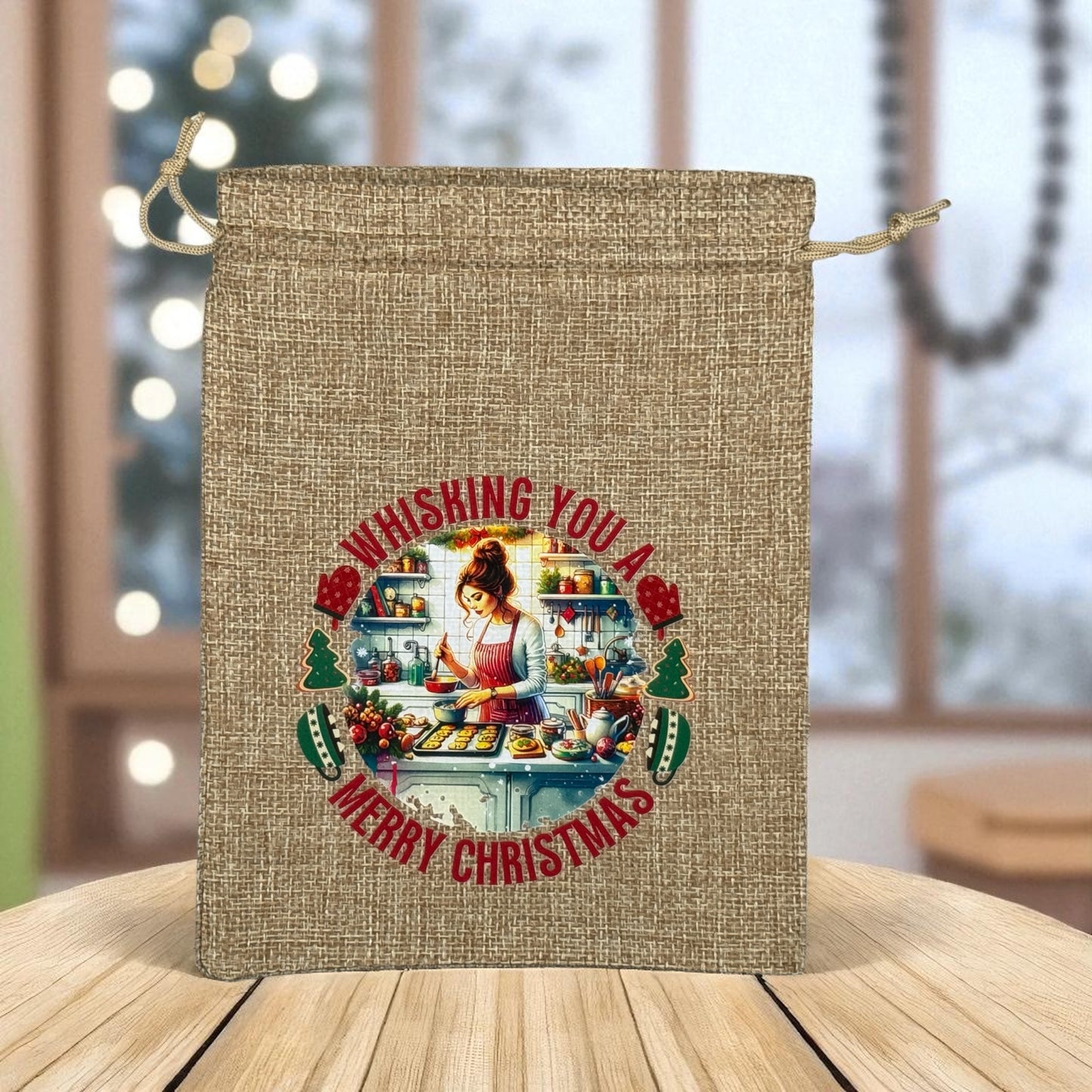 Jute Imitat Beutel " Weihnachtsbäckerei " mit Kordelzug! 14,5 x 19,5 cm!