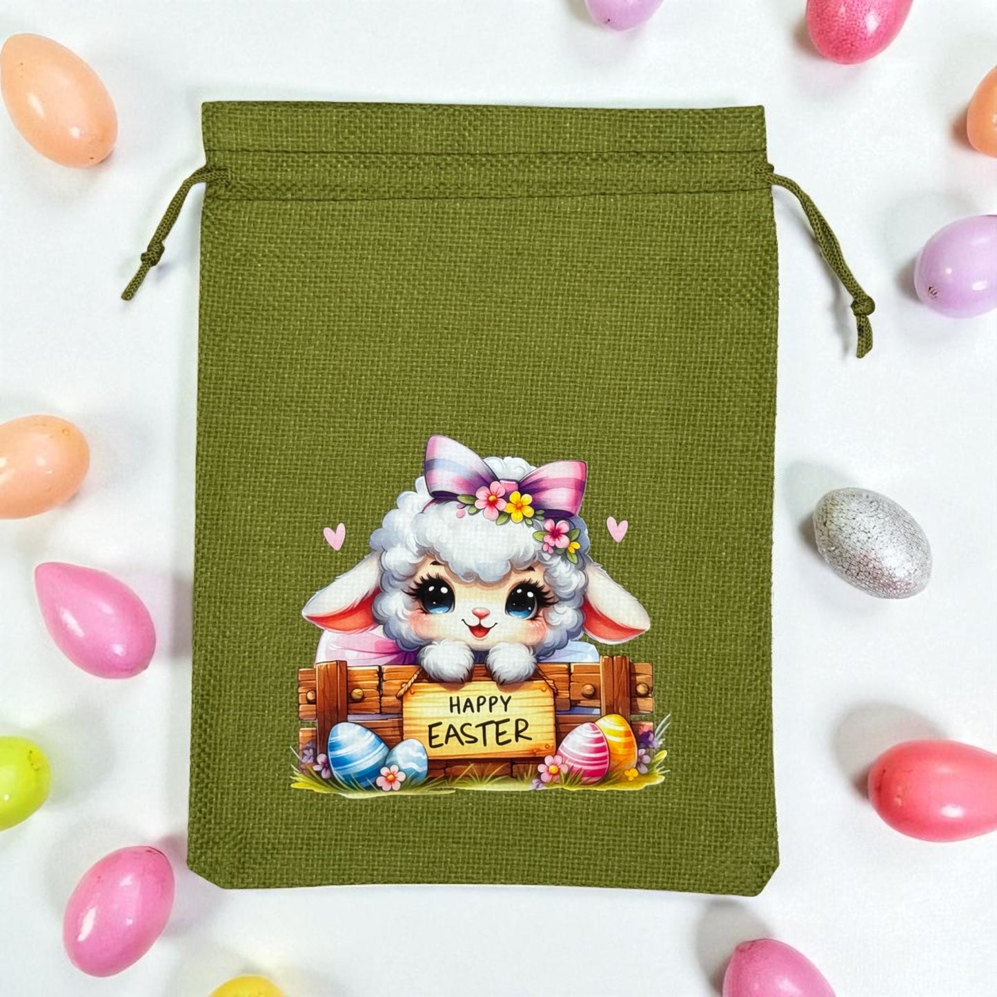 Jutebeutel Happy Easter Lämmchen – Detailansicht DTF-Druck Motiv auf Jutefaser mit Kordelzug von fks-design