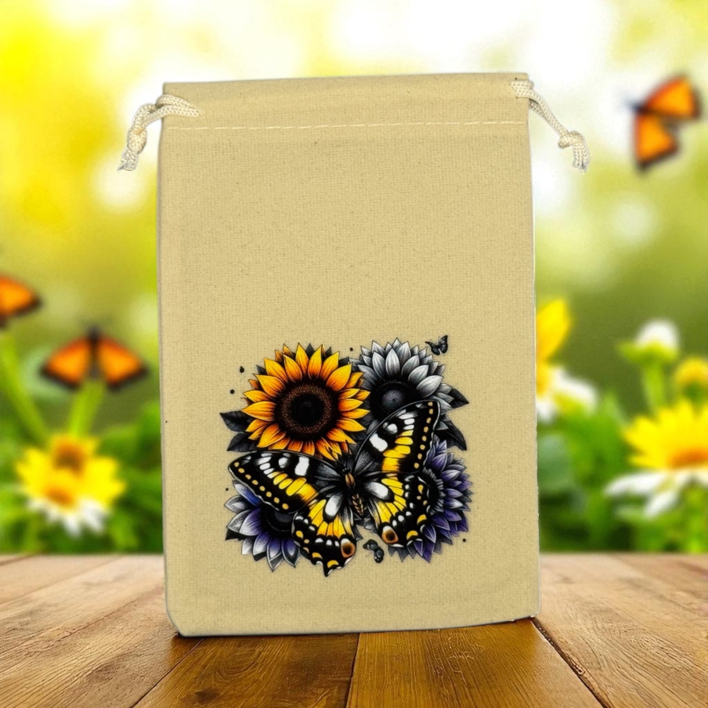 Samtbeutel " Schmetterling auf Sonnenblume " mit Kordelzug! 10 x 15 cm