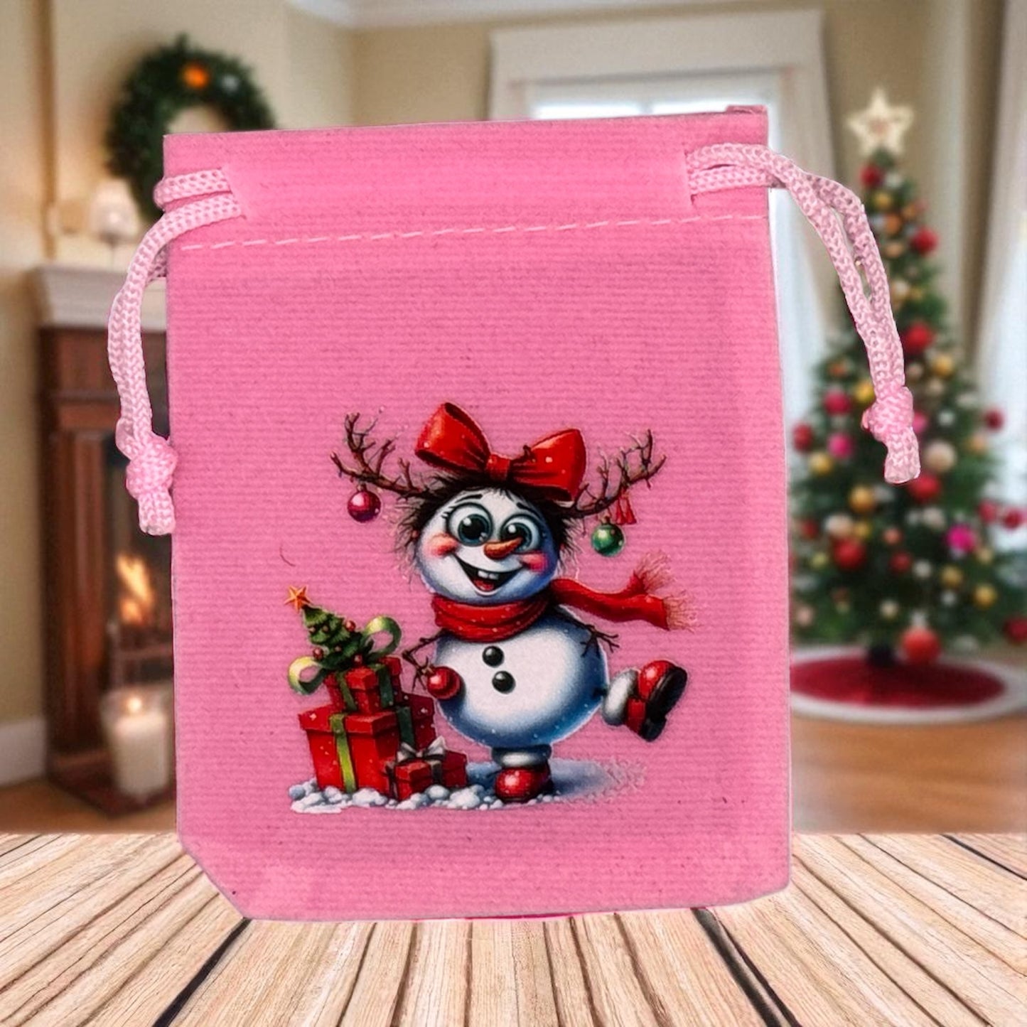 Samtbeutel " Verrückte Schneefrau " mit Kordelzug! 7 x 9 cm