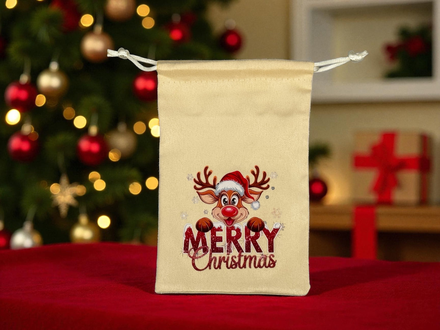 Samtbeutel " Merry Christmas Rudi " mit Kordelzug! 10 x 15 cm