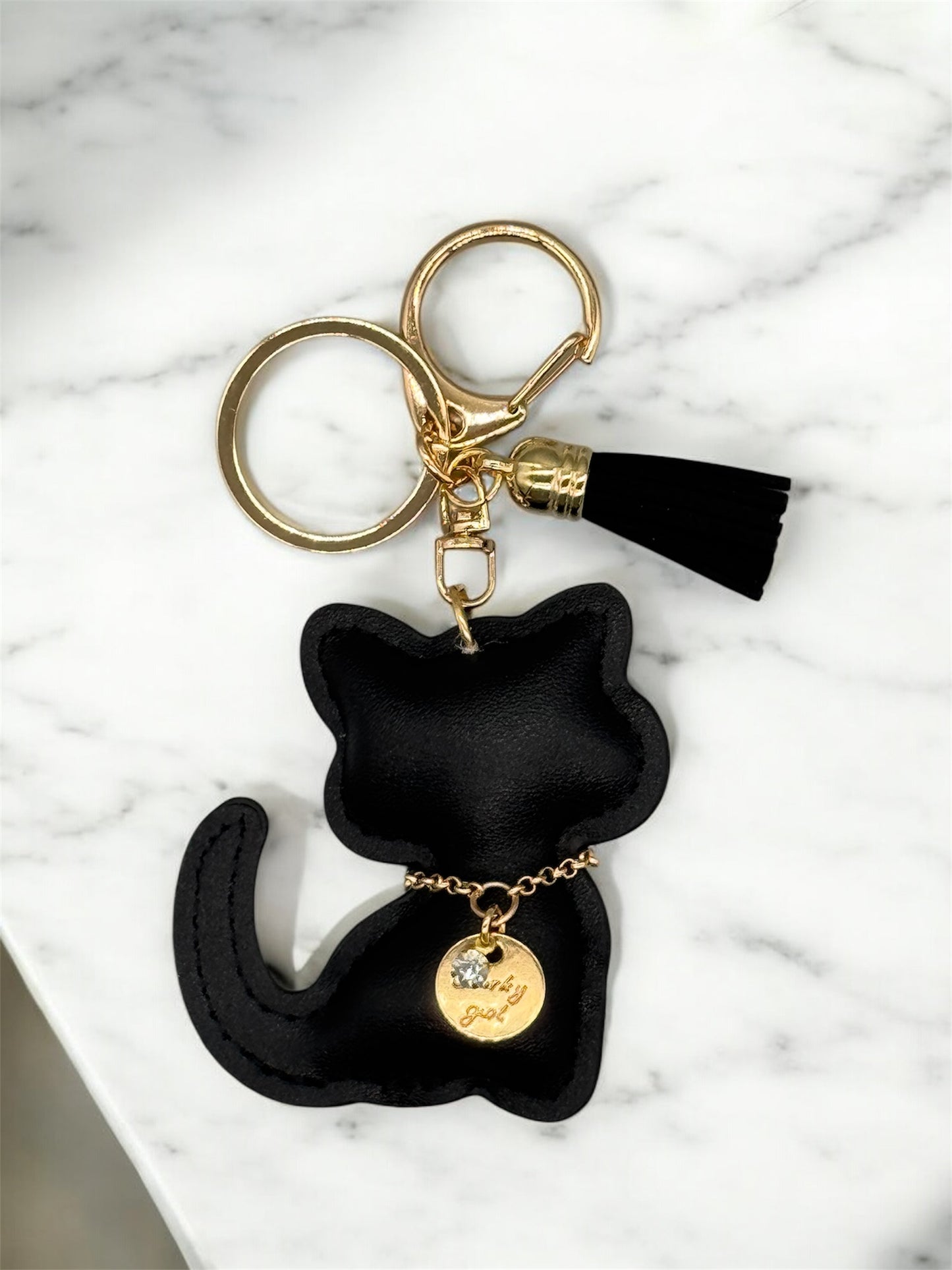 PU Leder Schlüsselanhänger Katze mit Halskette Lucky Girl Gravur und Strassstein von fks-design