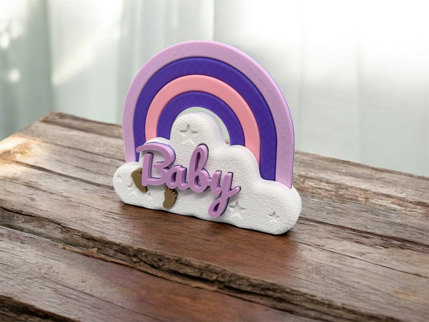 3D Druck Aufsteller Babywolke Detailansicht – Regenbogen und Schriftzug Baby in Lila von fks-design