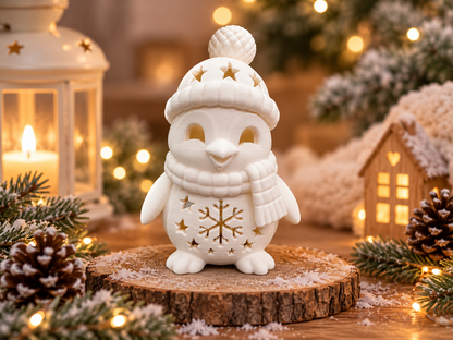 Weißer 3D-Druck LED-Teelichthalter Pinguin mit Mütze und Schal in weihnachtlicher Dekoration von fks-design
