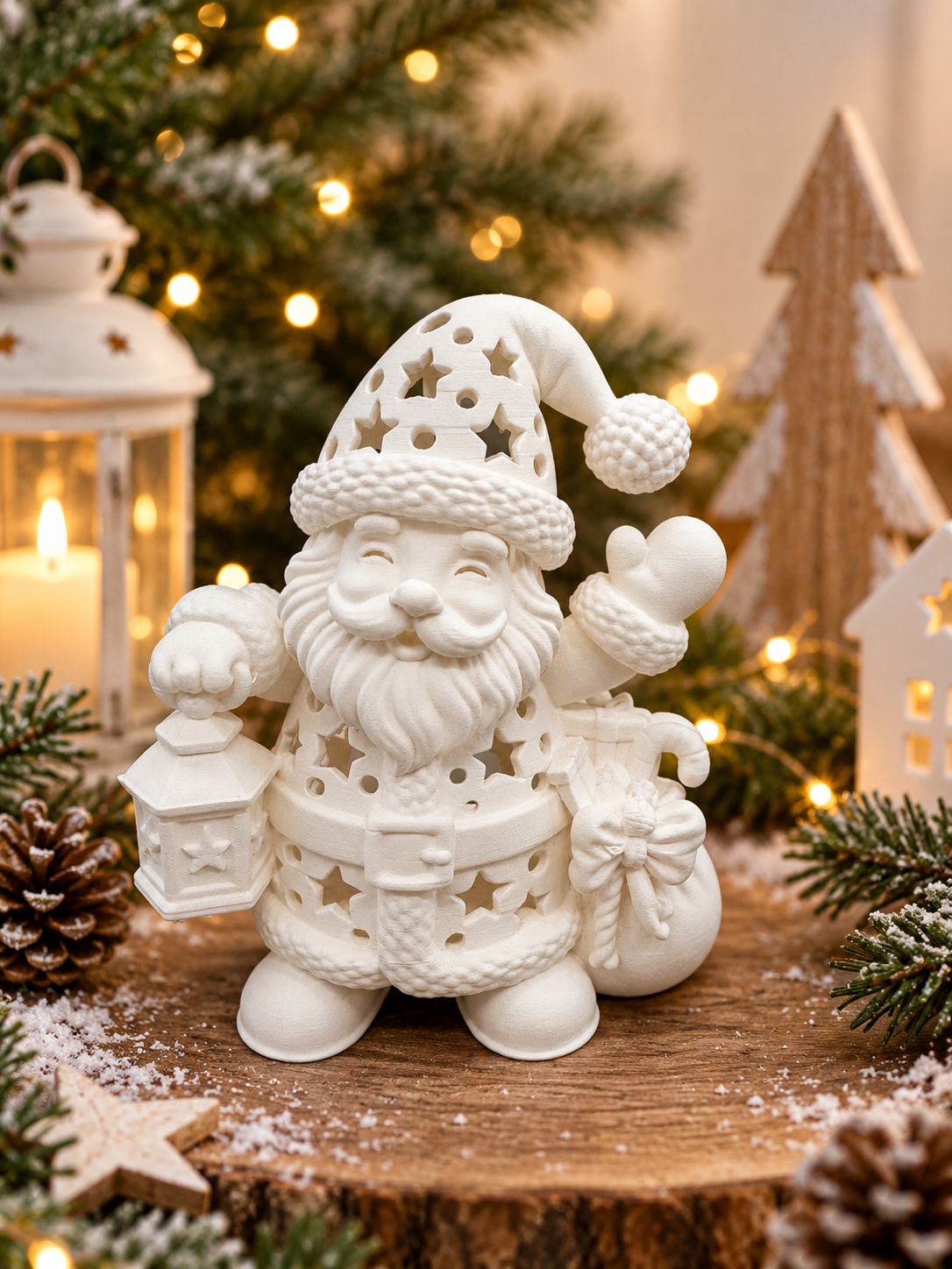 3D-Druck LED-Teelichthalter Weihnachtsmann aus weißem PLA mit Sternenmuster von fks-design
