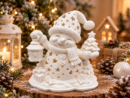 Weißer 3D-Druck LED-Teelichthalter Schneemann mit Laterne und Tannenbaum in weihnachtlicher Kulisse von fks-design
