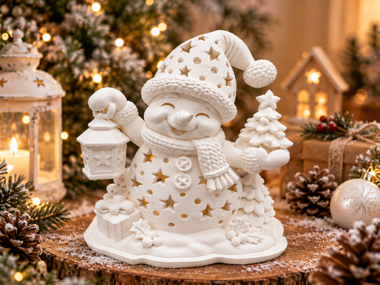 Weißer 3D-Druck LED-Teelichthalter Schneemann mit Laterne und Tannenbaum in weihnachtlicher Kulisse von fks-design
