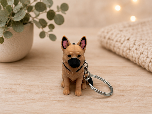 3D Druck Schlüsselanhänger Schäferhund schwarz-braun aus PLA mit Metallring – Frontansicht von fks-design
