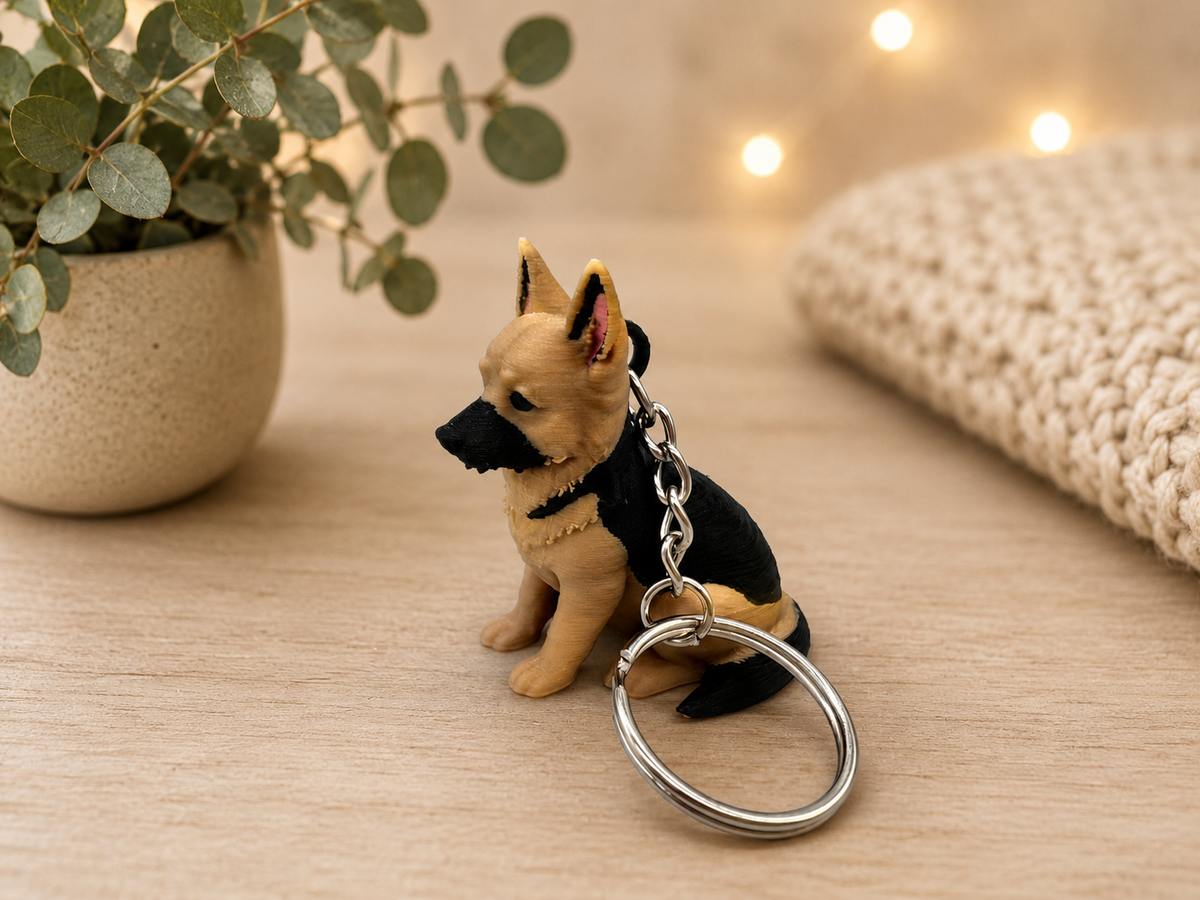 3D Druck Schlüsselanhänger Schäferhund schwarz-braun aus PLA mit Metallring – Seitenansicht von fks-design
