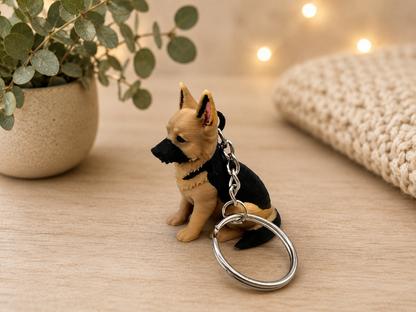 3D Druck Schlüsselanhänger Schäferhund schwarz-braun aus PLA mit Metallring – Seitenansicht von fks-design
