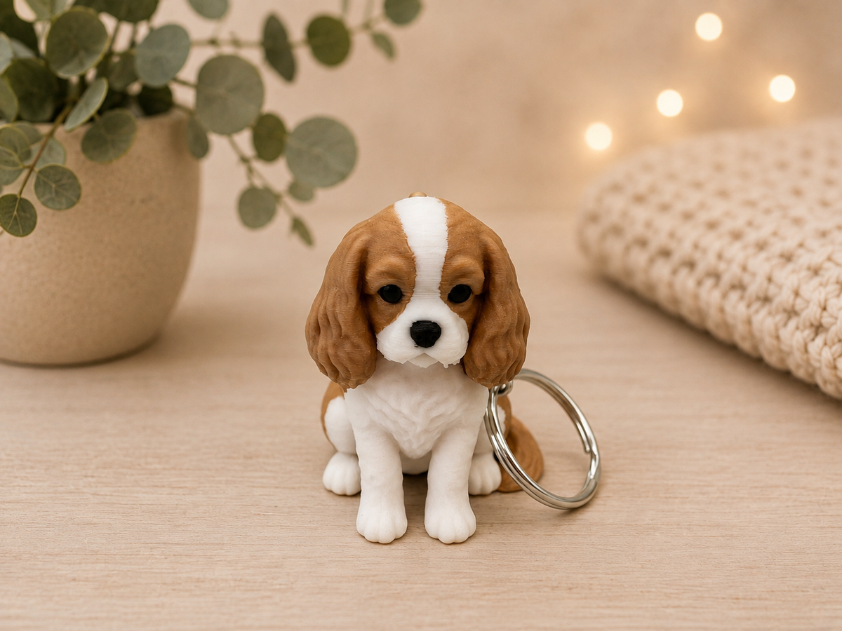 3D Druck Schlüsselanhänger Cavalier King Charles Spaniel braun-weiß aus PLA mit Metallring – Frontansicht von fks-design
