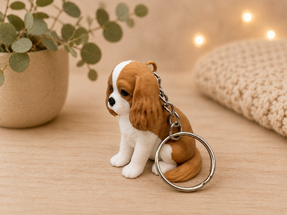 3D Druck Schlüsselanhänger Cavalier King Charles Spaniel braun-weiß aus PLA mit Metallring – Seitenansicht von fks-design
