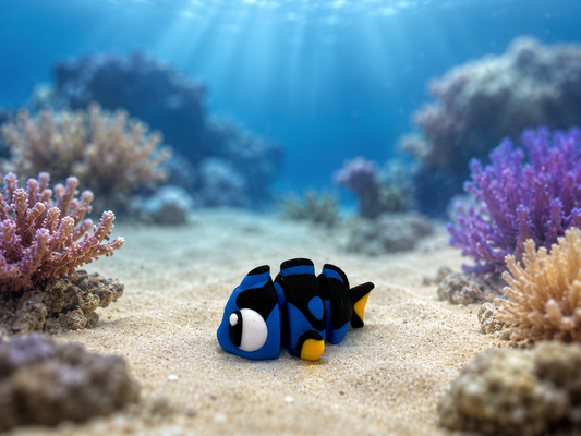 Mini Flexi Doktorfisch blau-schwarz-gelb aus PLA – Seitenansicht im Unterwasser-Setting von fks-design

