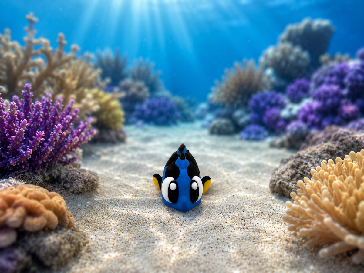 Mini Flexi Doktorfisch blau-schwarz-gelb aus PLA – Frontansicht im Unterwasser-Setting von fks-design
