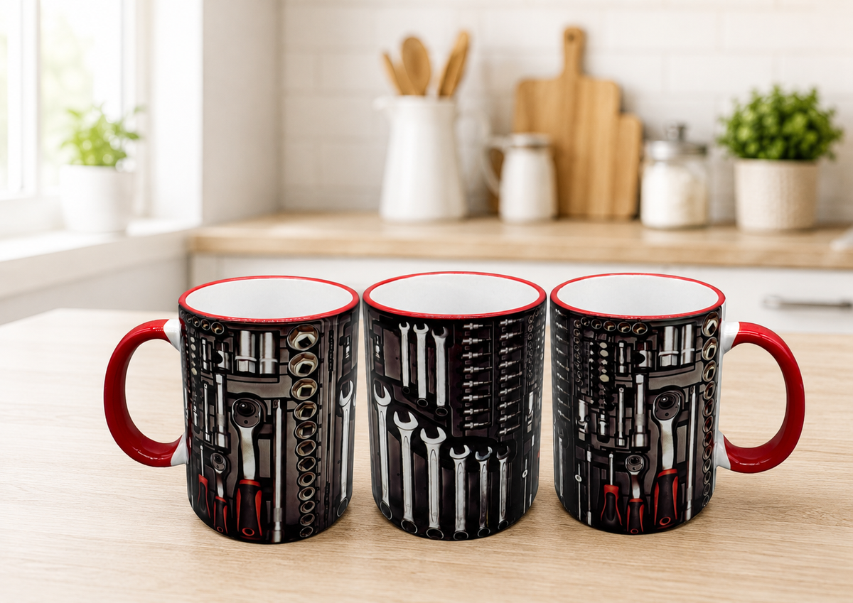 Keramiktasse Werkzeug-Design 300ml mit rotem Henkel & Trinkrand – Rundumdruck Werkstatt-Motiv von fks-design

