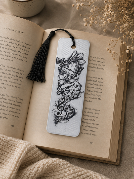 Musik & Zeit Lesezeichen 3D Druck HueForge Art mit Quaste, Uhr und Notenlinien aus PLA, ca. 5×15 cm – von fks-design

