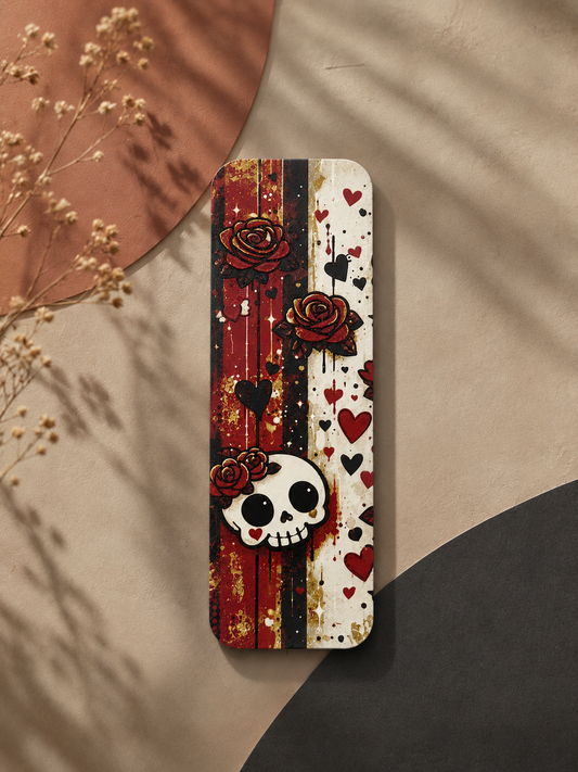 3D-gedrucktes Lesezeichen Skull & Roses im HueForge-Stil – Totenkopf mit Rosen in Schwarz, Weiß und Rot – von fks-design

