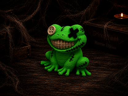 Stitch Buddie Horror-Frosch Seitenansicht – düstere 3D-Druck Figur mit geflicktem Look von fks-design
