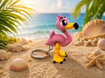 3D-gedruckter Flexi Flamingo Schlüsselanhänger PLA Nahaufnahme bewegliche Glieder von fks-design
