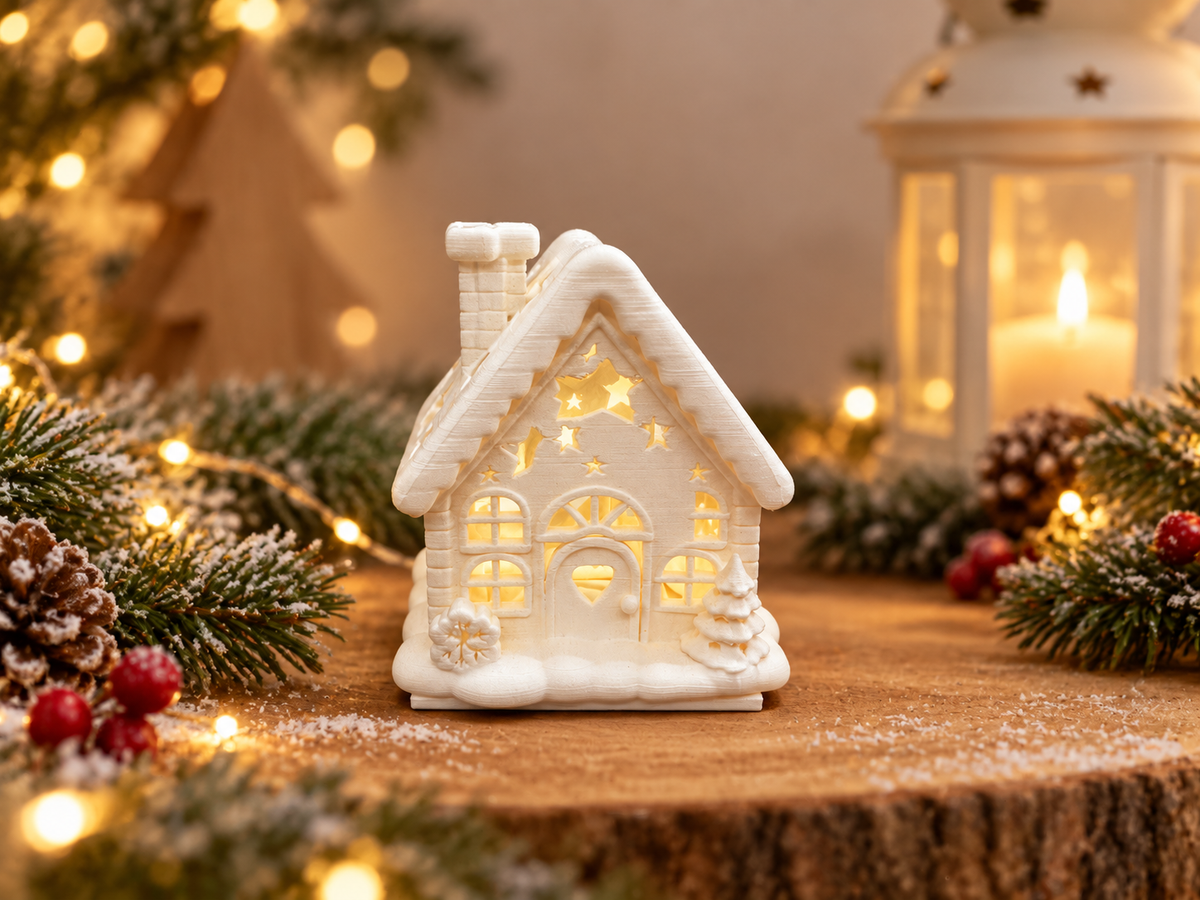 Vorderansicht des weißen Weihnachtshauses mit warm leuchtenden Fenstern zwischen Tannenzweigen und Lichterketten von fks-design
