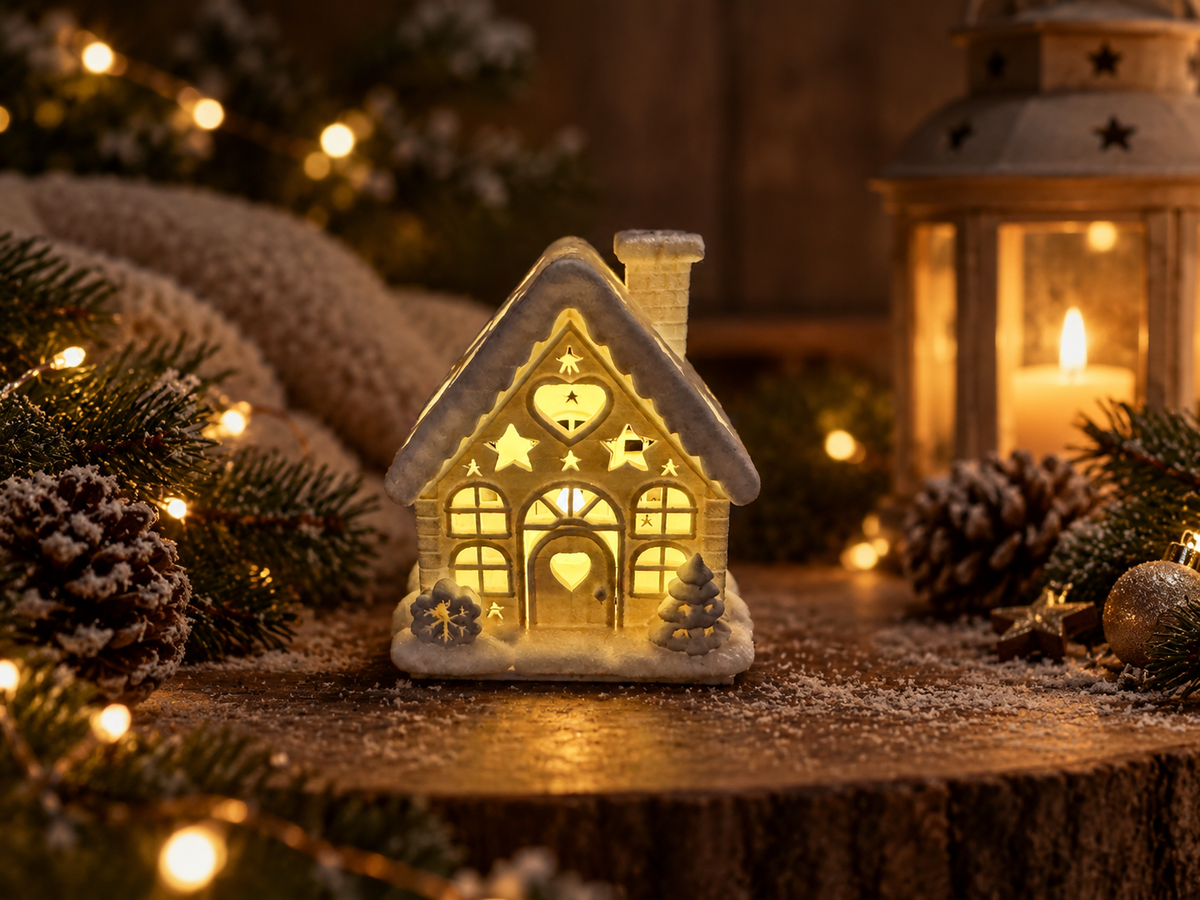 Leuchtendes LED-Teelichthalter Weihnachtshaus mit Sternen und Fenstern in weihnachtlicher Abendstimmung von fks-design
