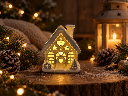 Leuchtendes LED-Teelichthalter Weihnachtshaus mit Sternen und Fenstern in weihnachtlicher Abendstimmung von fks-design
