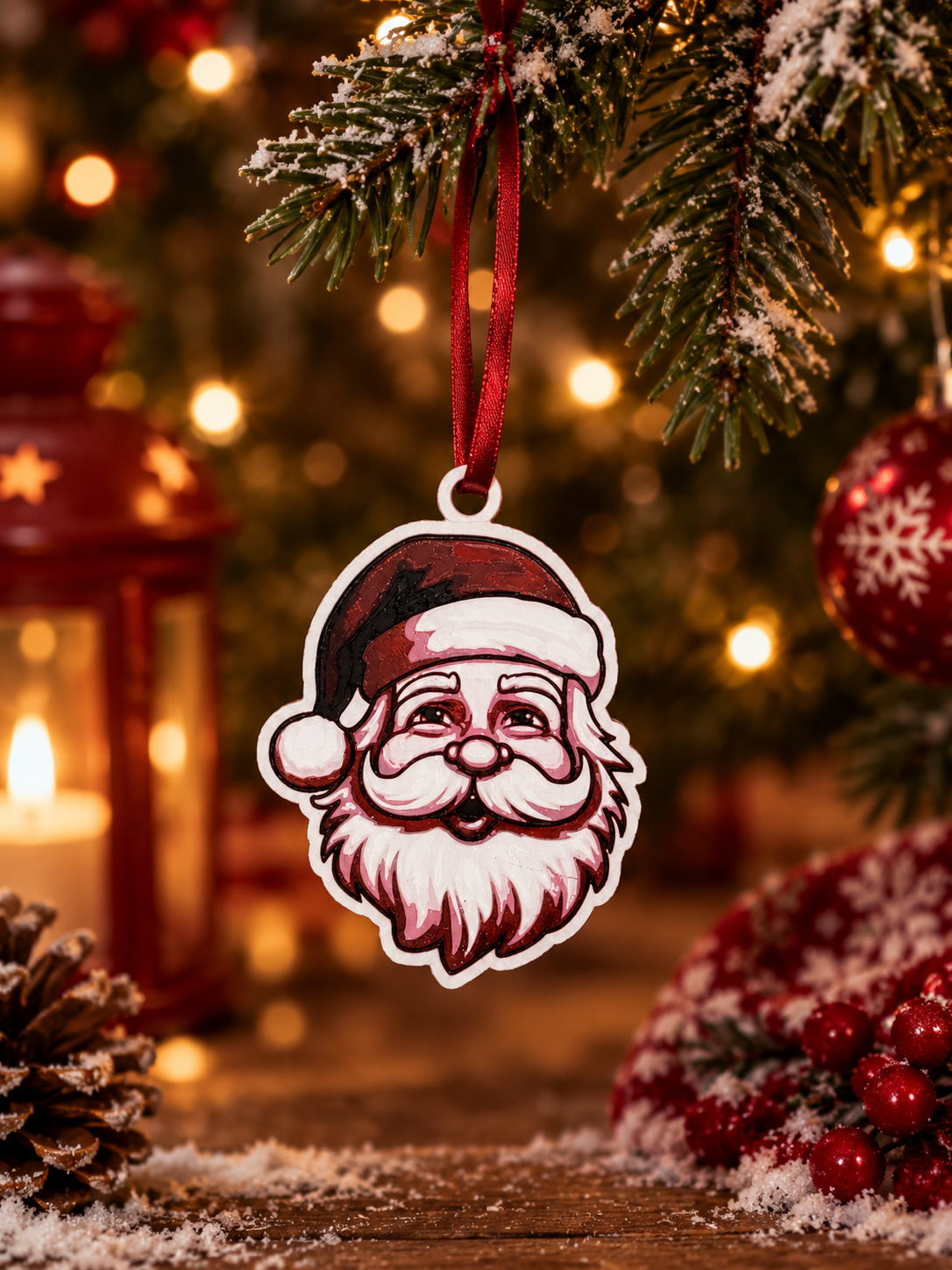 3D Druck Weihnachtsanhänger Weihnachtsmann HueForge Art aus PLA, hängend am Weihnachtsbaum mit rotem Band, Frontansicht – von fks-design
