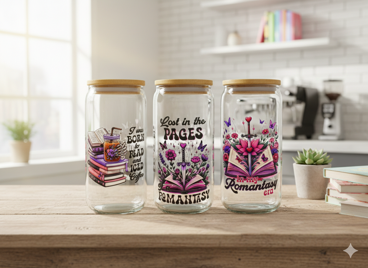 Trinkglas Romantasy 550ml mit Bambusdeckel und Trinkhalm UV-DTF Motiv von fks-design
