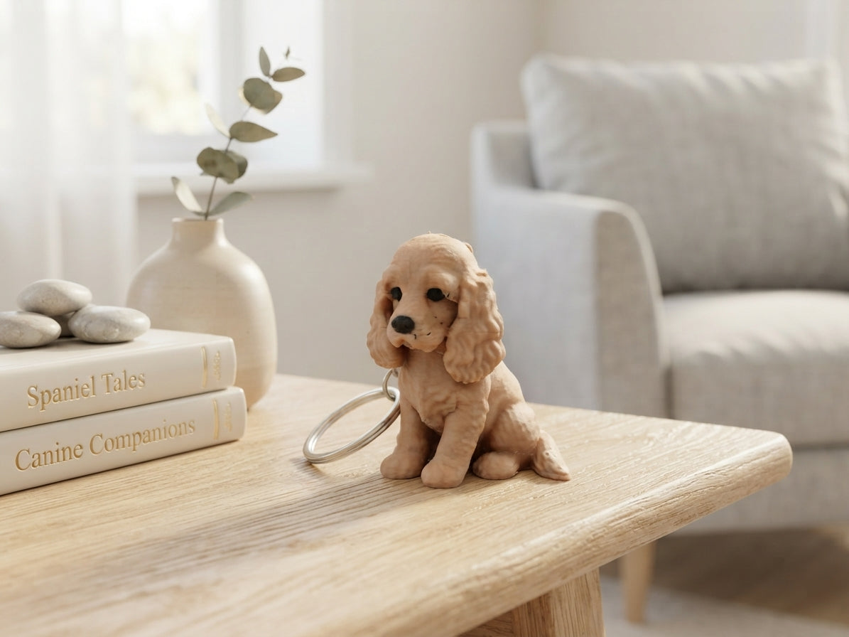 3D Druck Schlüsselanhänger Cocker Spaniel Hund goldbraun aus PLA mit Metallring, Seitenansicht auf Holztisch – von fks-design

