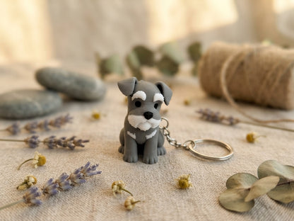 3D-gedruckter Schnauzer-Schlüsselanhänger grau-weiß mit charakteristischem Bart und Metallring, auf Leinenstoff mit Trockenblumen, von fks-design
