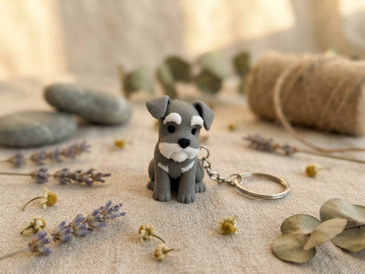 3D-gedruckter Schnauzer-Schlüsselanhänger grau-weiß mit charakteristischem Bart und Metallring, auf Leinenstoff mit Trockenblumen, von fks-design
