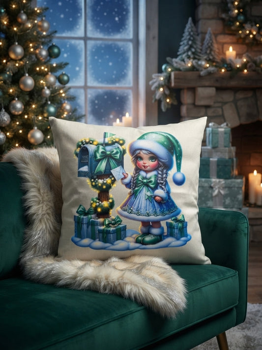 Kissenhülle 40x40 cm mit Weihnachtspost Gnomeline DTF-Druck – niedliches Wichtelmädchen in Grün-Blau mit Brief

