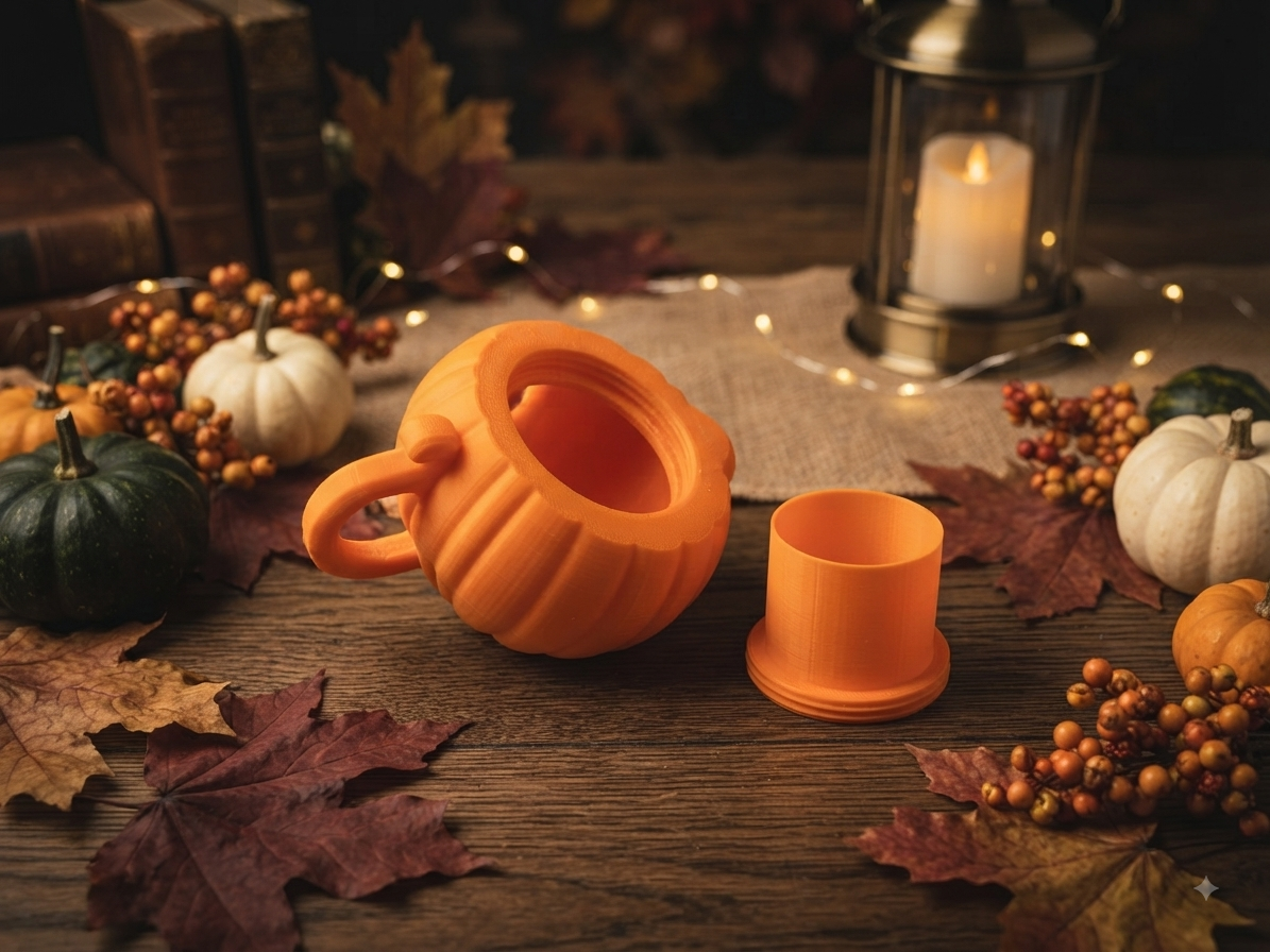 3D Druck LED Teelichthalter Halloween Kürbis Teekanne – Unterseite geöffnet mit Lichtrohr von fks-design
