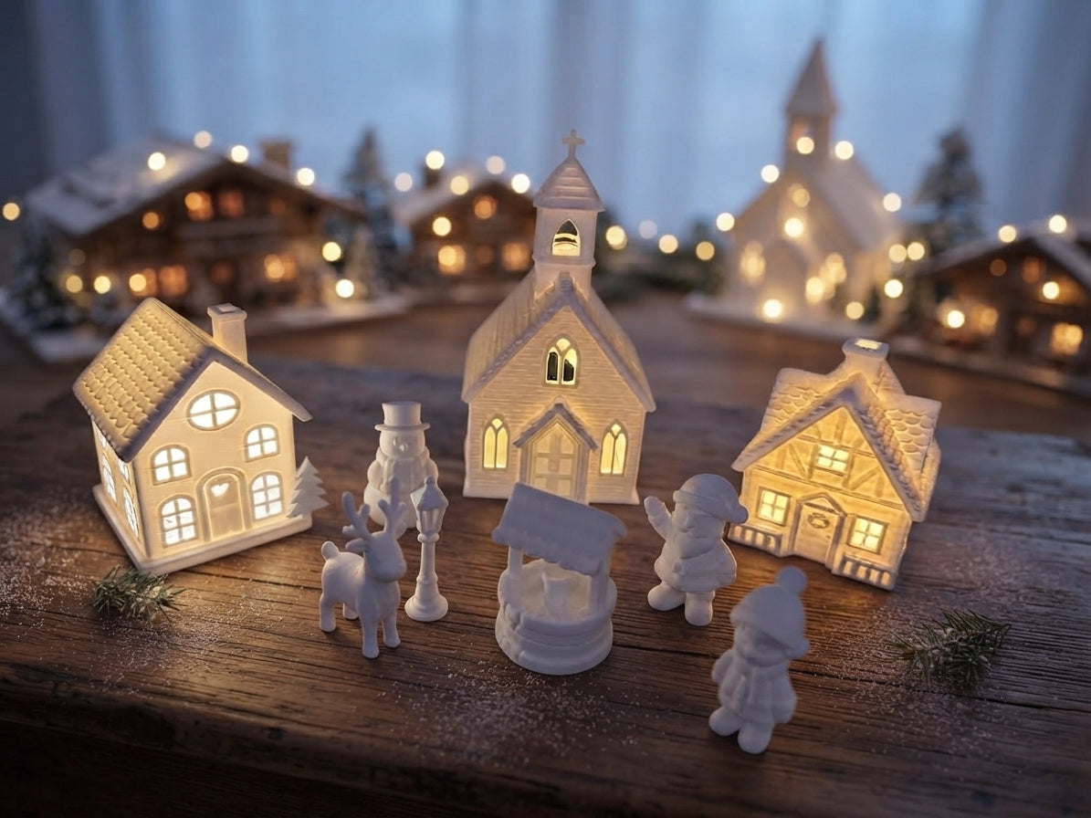 Beleuchtetes 3D-Druck Weihnachtsdorf mit Kirche und Häusern für LED-Teelichter von fks-design
