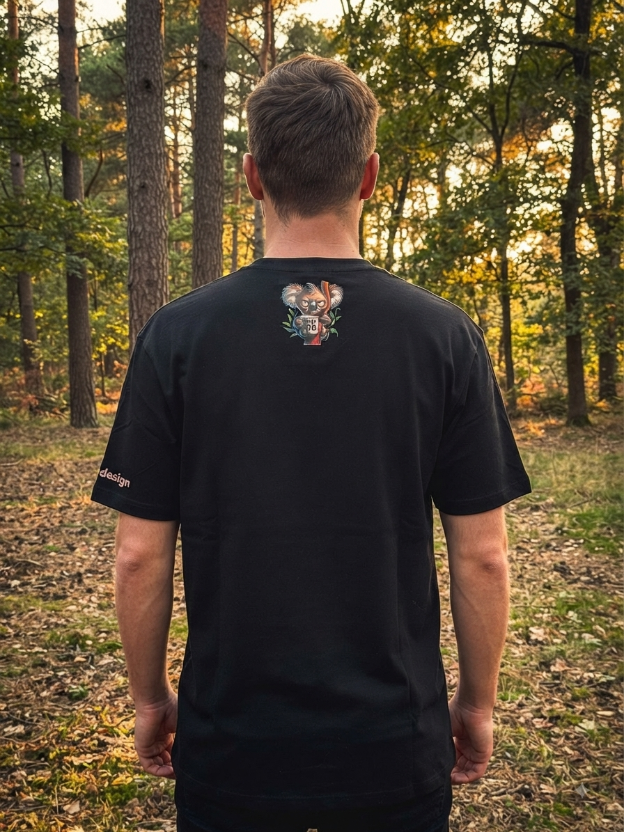 Unisex T-Shirt Don't Talk To Me schwarz – Koala-Print Rückenansicht im Wald-Setting von fks-design
