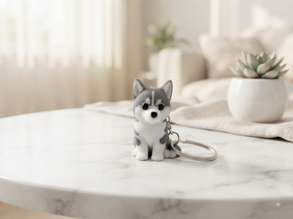 3D Druck Schlüsselanhänger Husky grau-weiß aus PLA mit Metallring – Frontansicht von fks-design
