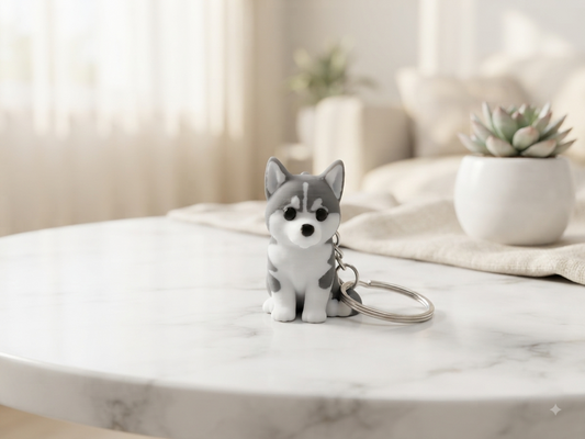3D Druck Schlüsselanhänger Husky grau-weiß aus PLA mit Metallring – Frontansicht von fks-design
