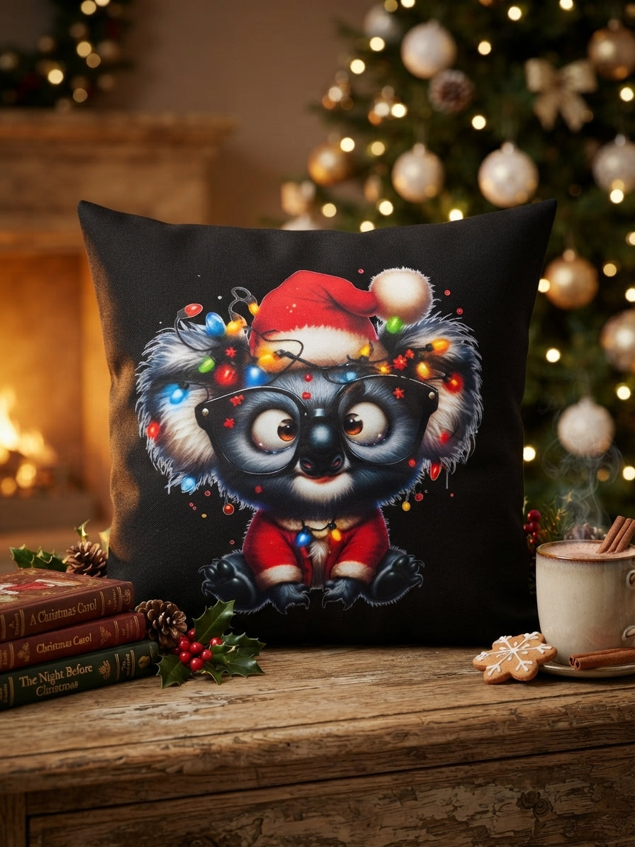 Kissenhülle Weihnachts Koala Nerd 40x40 cm mit DTF-Druck – niedlicher Koala mit Weihnachtsmütze, Brille und Lichterkette, weihnachtliches Kaminfeuer-Setting, von fks-design

